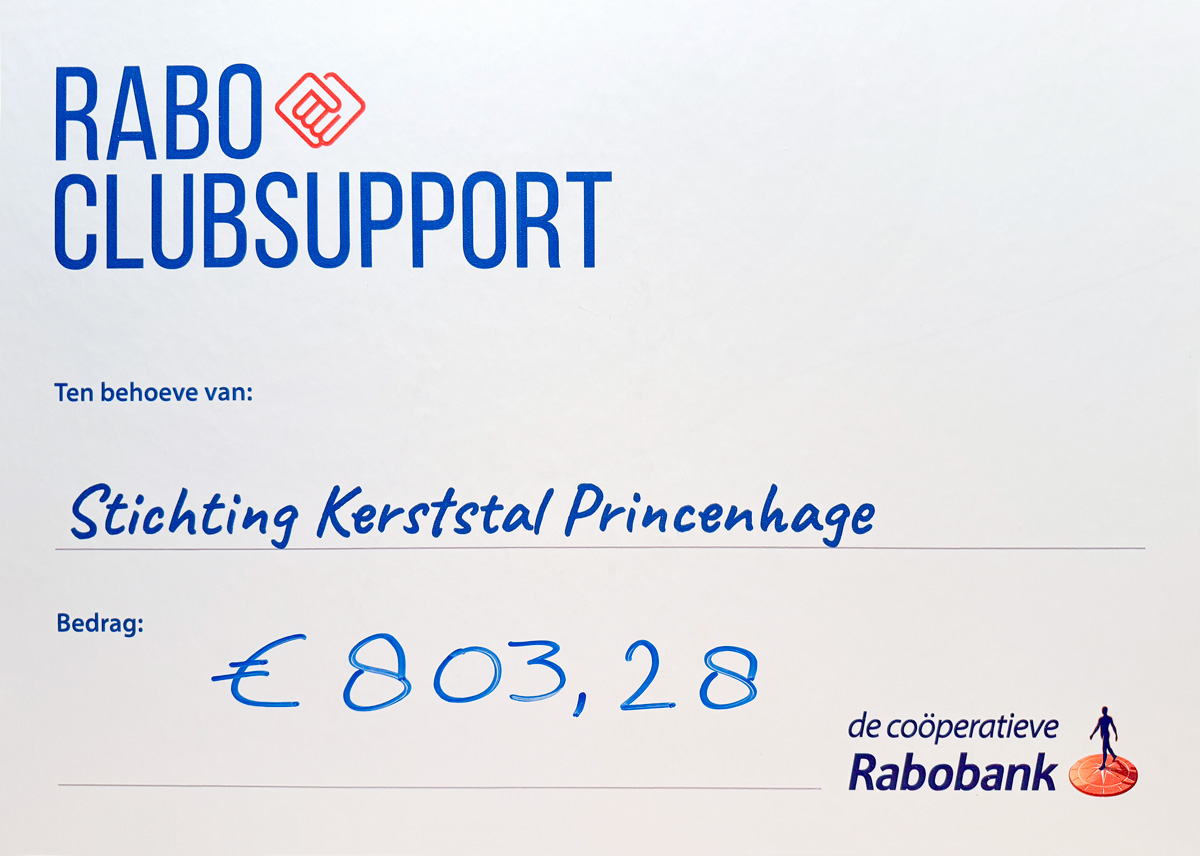 Cheque van Rabo ClubSupport 2024 met een bedrag van € 803,29. 