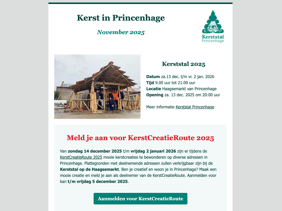 opzet van de eerste nieuwsbrief van Kerststal Princenhage